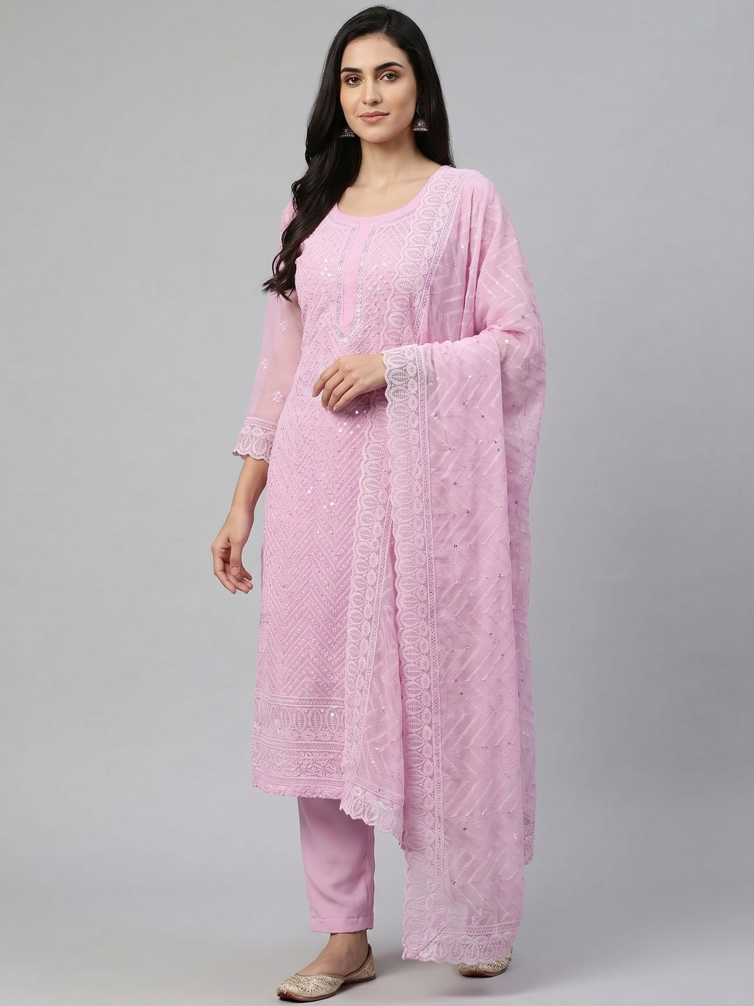 Pink Sequins Embroidered Georgette Dress Material - Image 1
