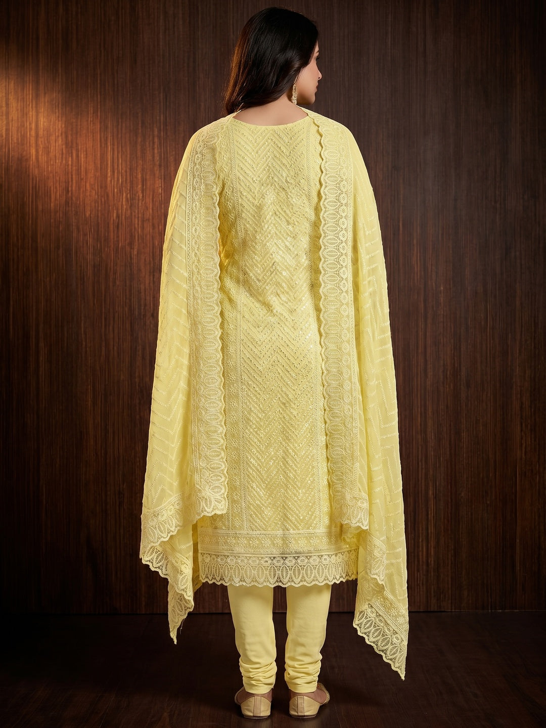 Yellow Sequins Embroidered Georgette Dress Material - Image 2