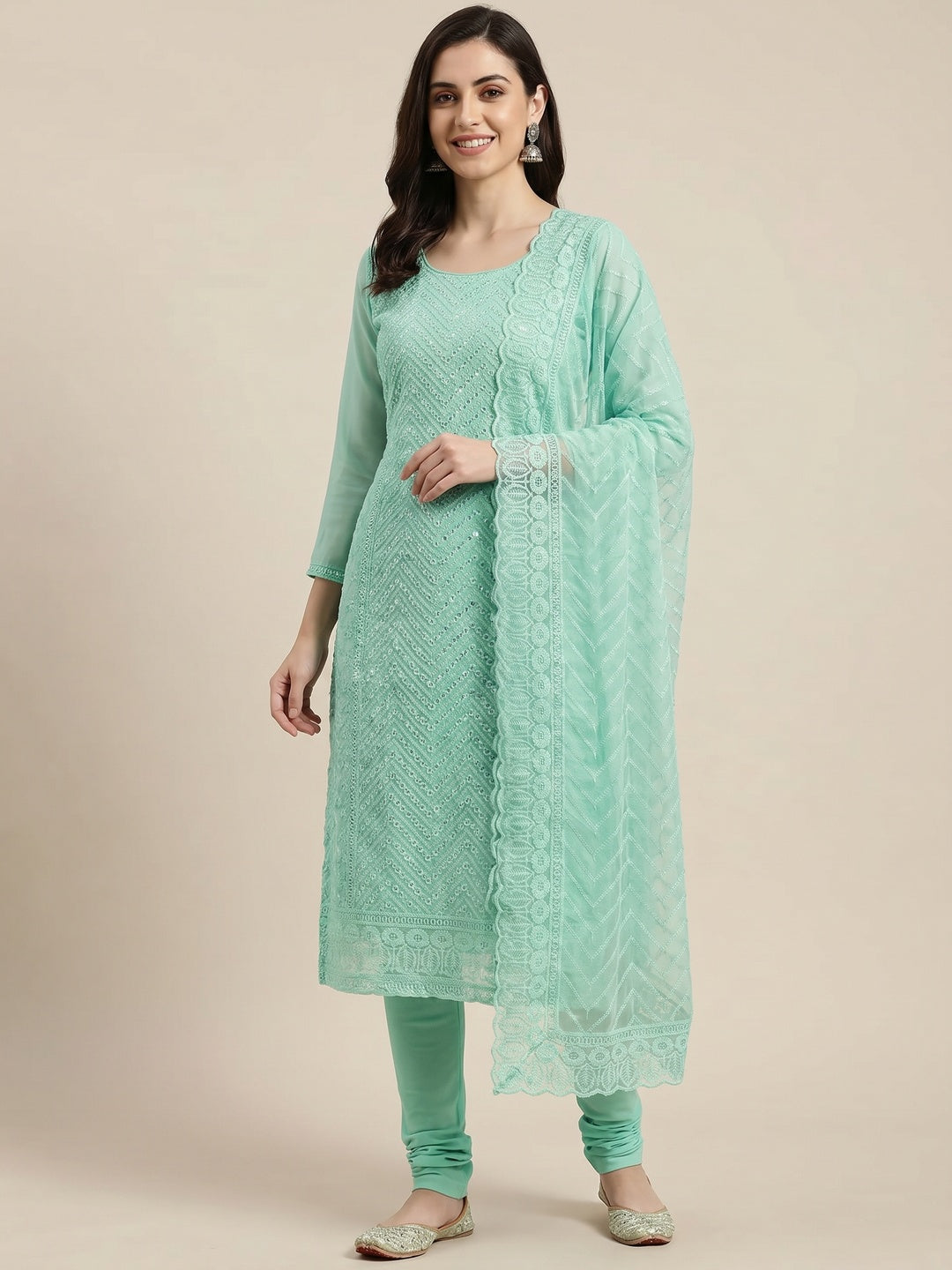 Sea Green Sequins Embroidered Georgette Dress Material - Image 1