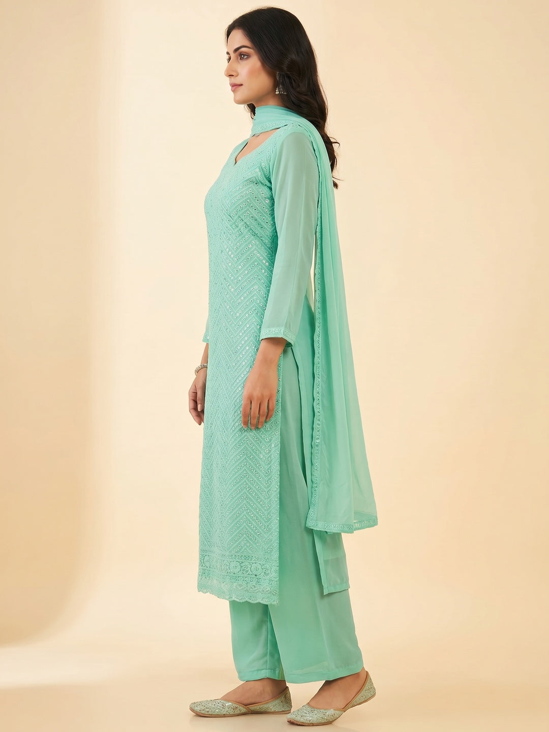 Sea Green Sequins Embroidered Georgette Dress Material - Image 2