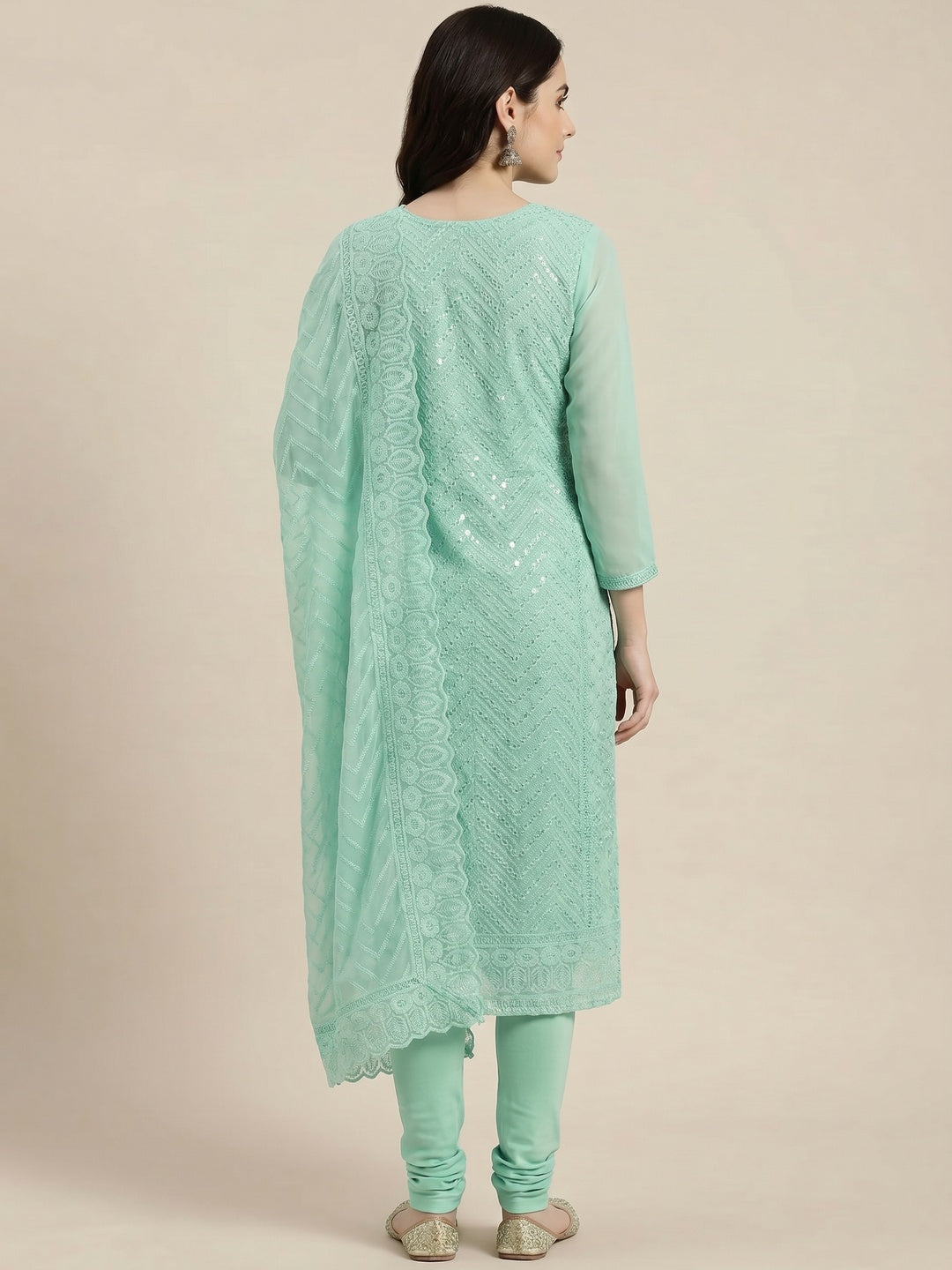 Sea Green Sequins Embroidered Georgette Dress Material - Image 3