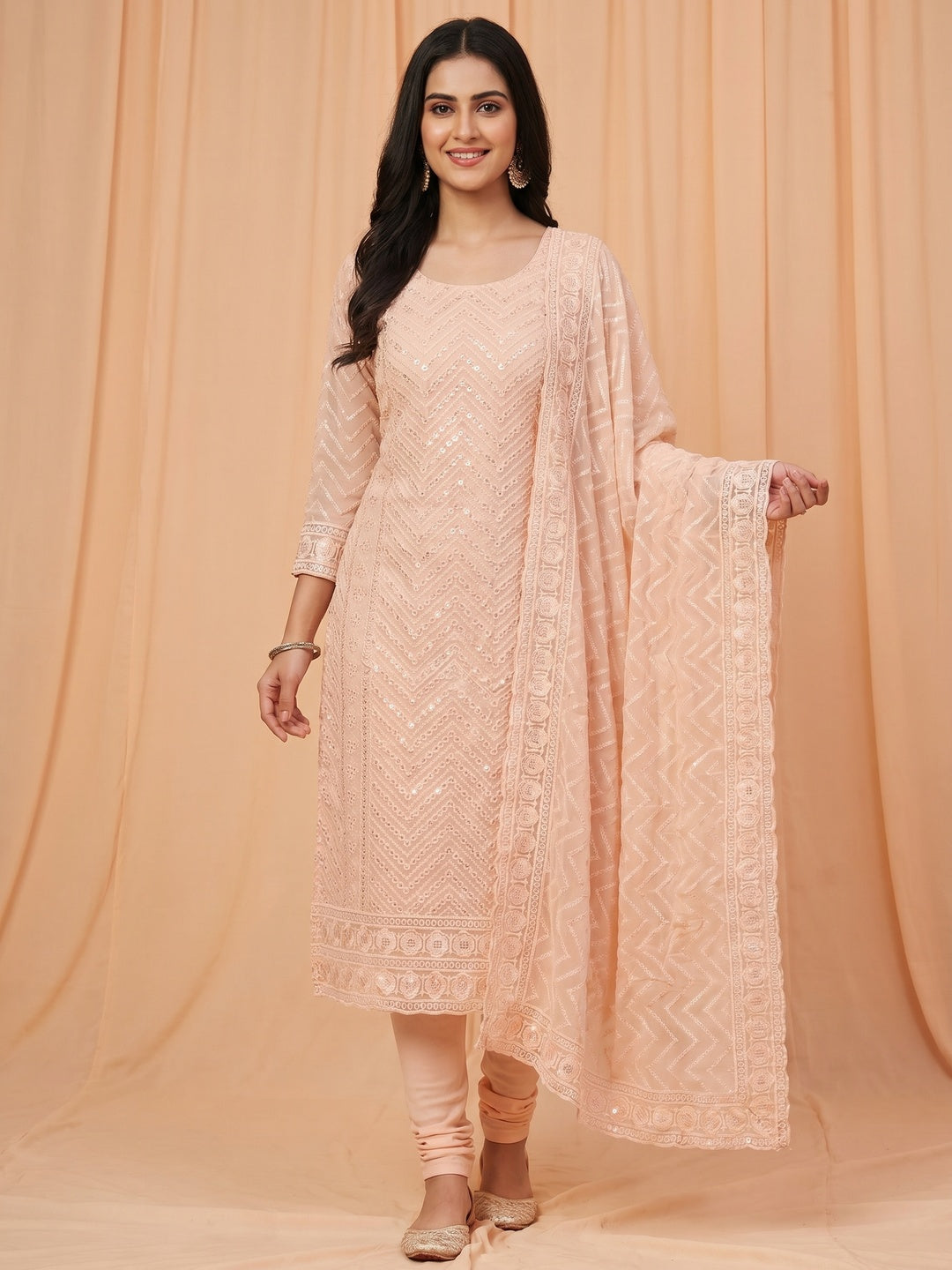 Peach Sequins Embroidered Georgette Dress Material - Image 1