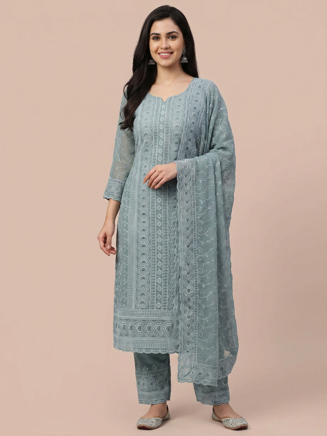 Grey Floral Embroidered Georgette Dress Material - Image 1