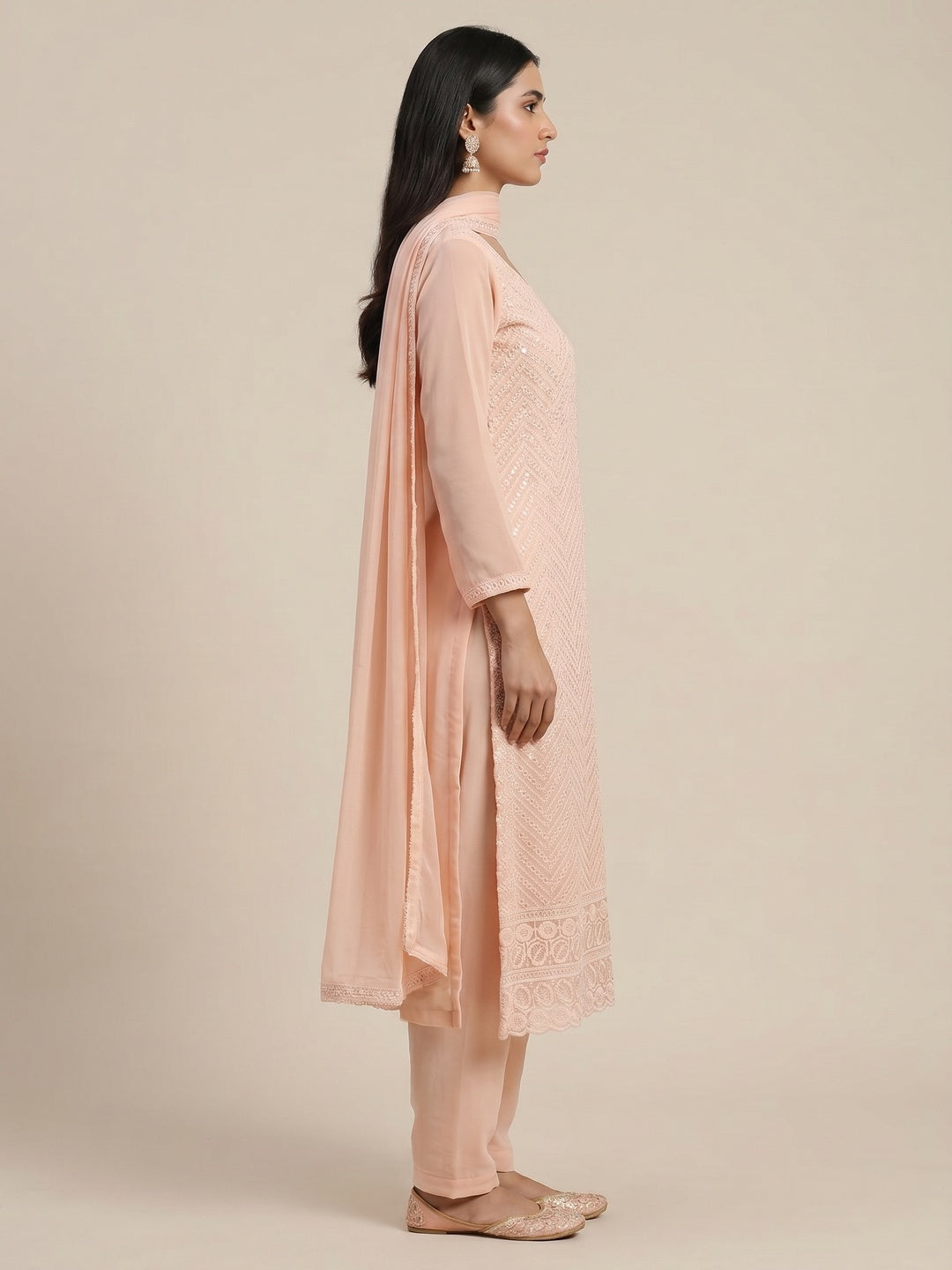 Peach Sequins Embroidered Georgette Dress Material - Image 2