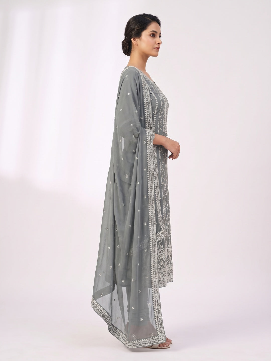 Grey Floral Embroidered Georgette Dress Material - Image 2
