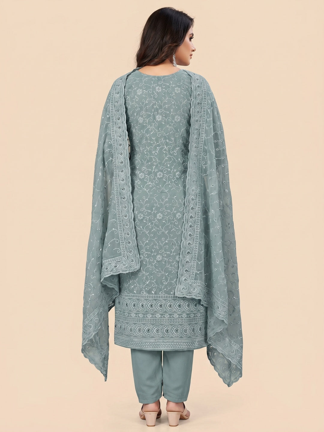Grey Floral Embroidered Georgette Dress Material - Image 3