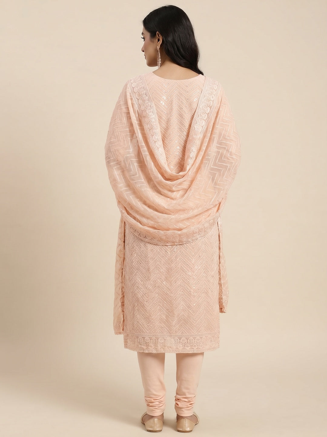 Peach Sequins Embroidered Georgette Dress Material - Image 3