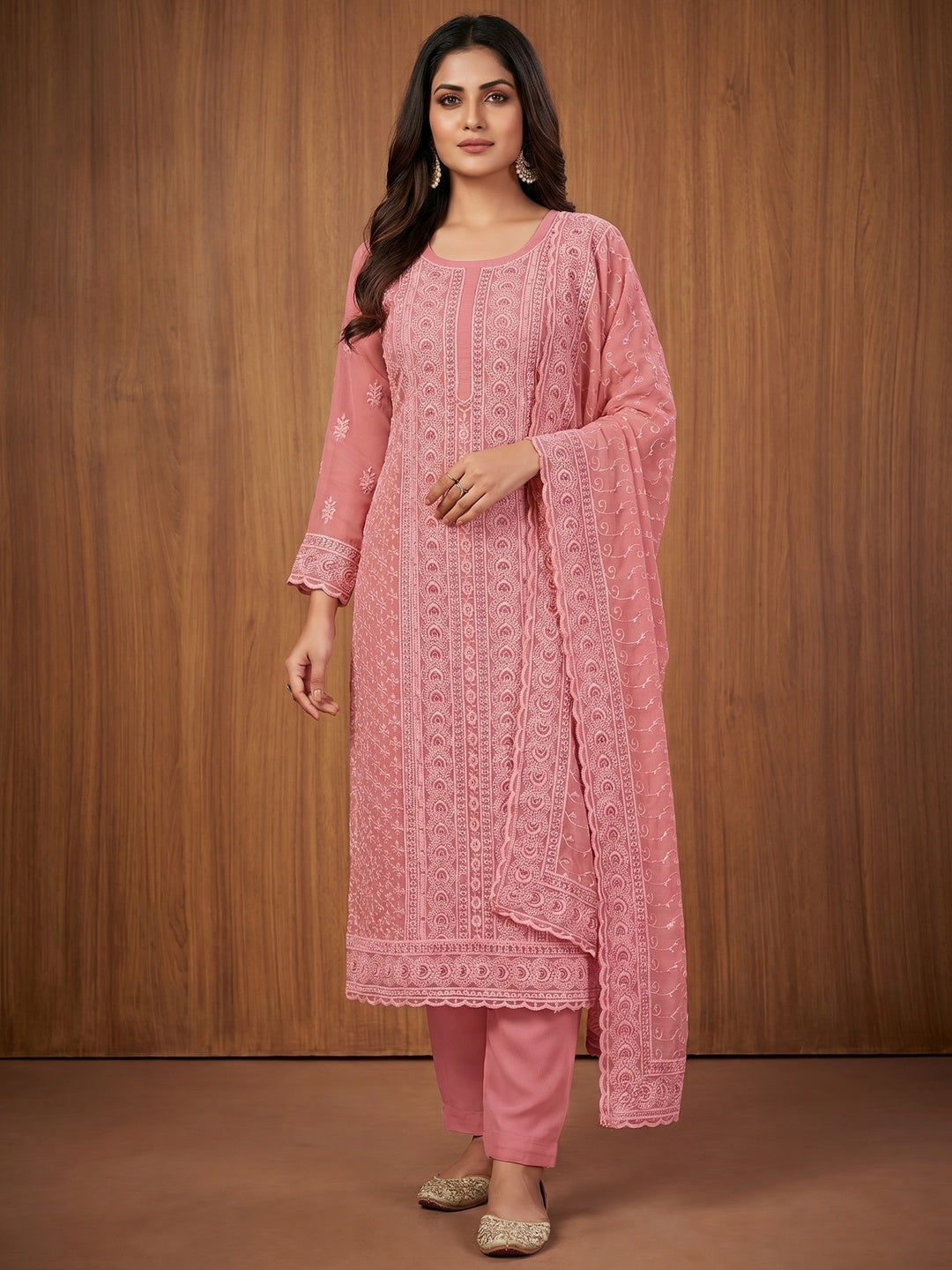Pink Floral Embroidered Georgette Dress Material - Image 1