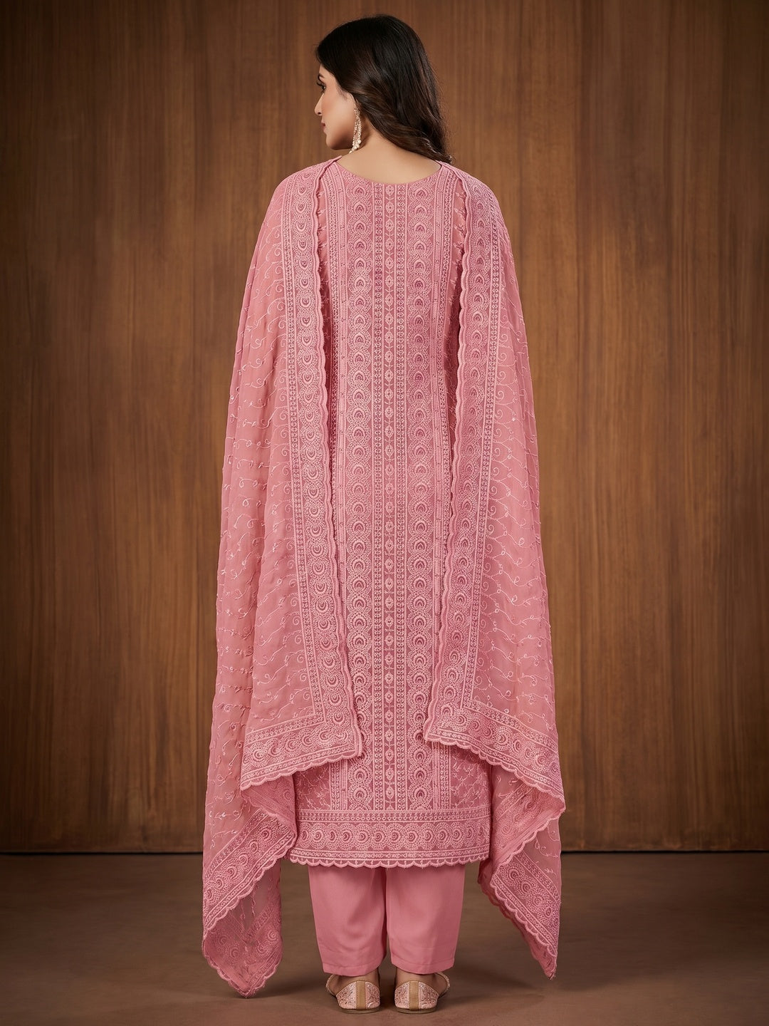 Pink Floral Embroidered Georgette Dress Material - Image 3