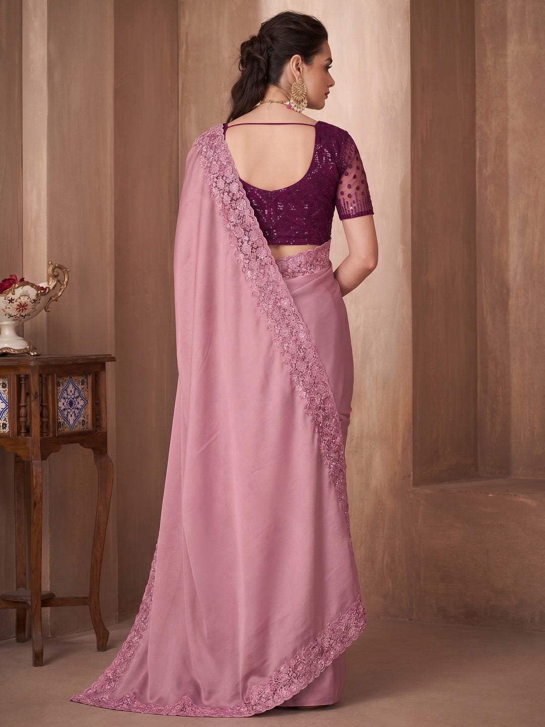 Pink Embroidered Satin Saree - Image 1