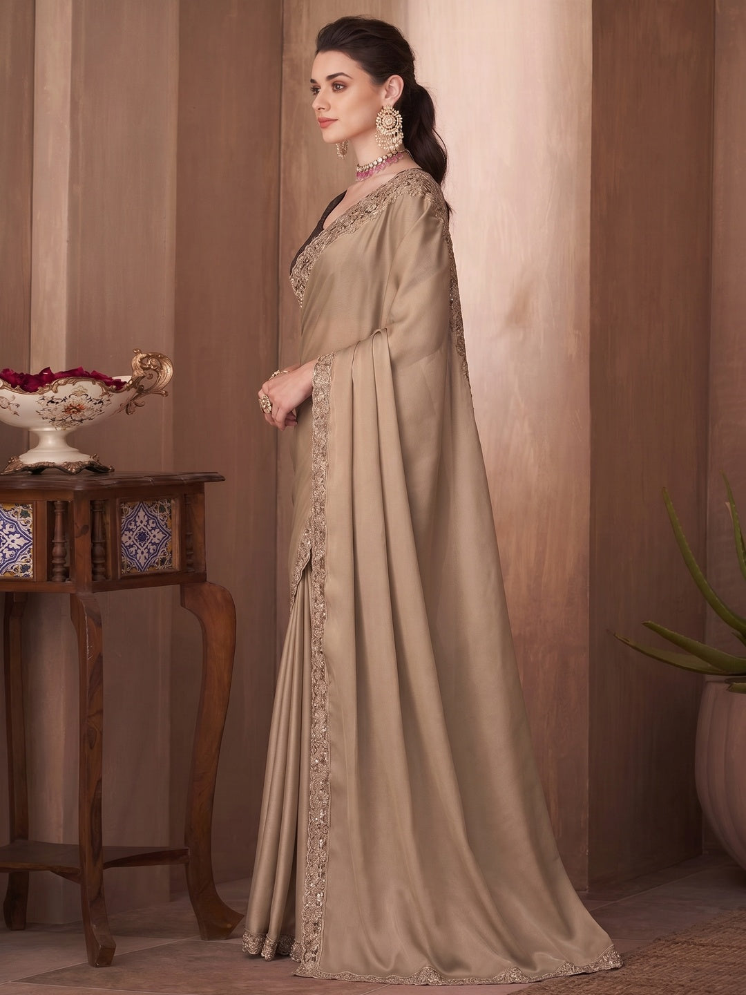 Light Brown Embroidered Satin Saree - Image 1