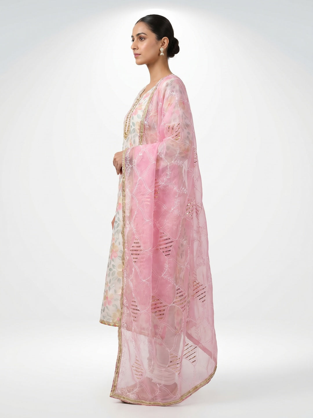 White Printed With Handwork Organza Dress Material - Image 3