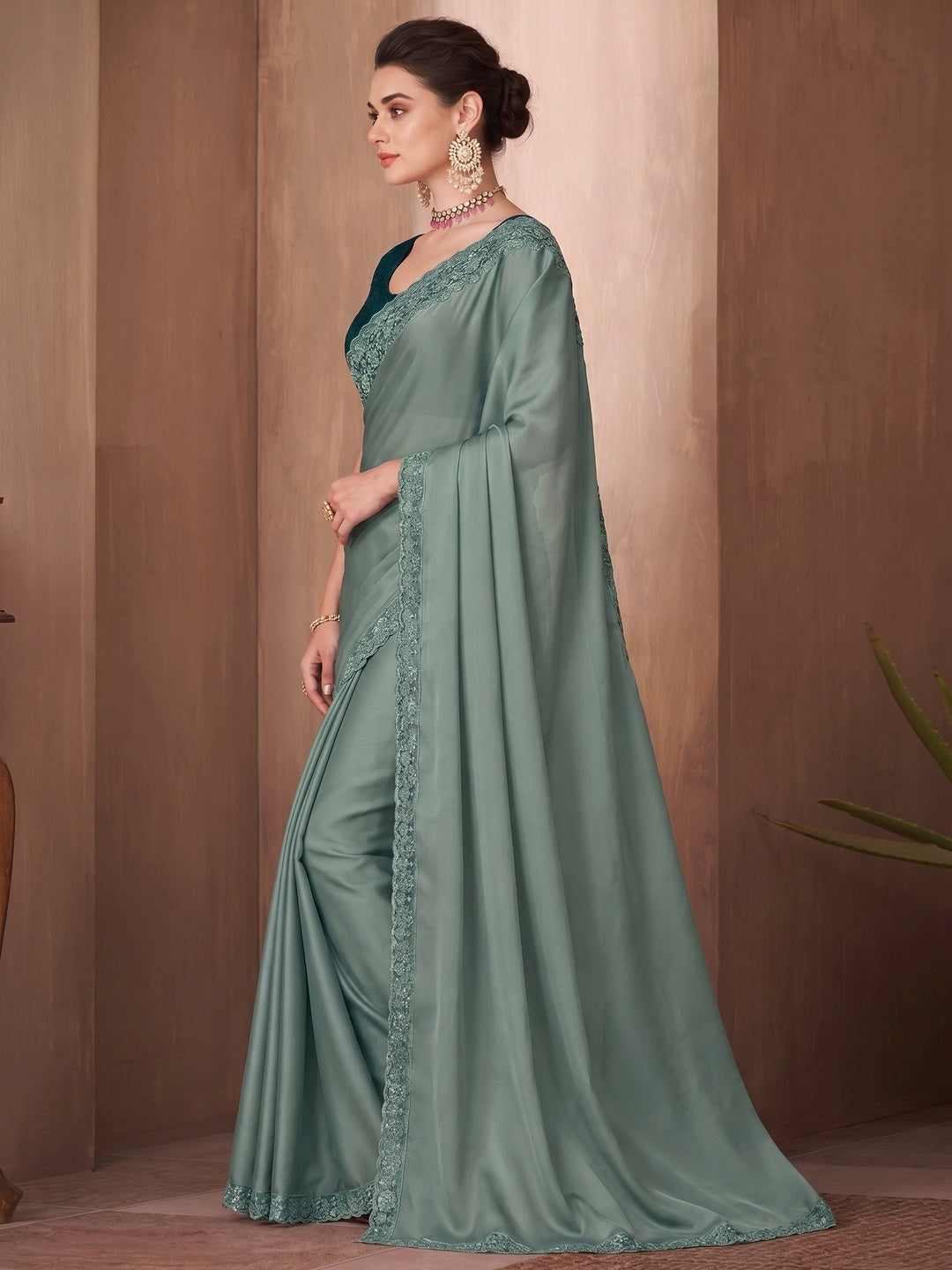 Teal Grey Embroidered Satin Saree - Image 1