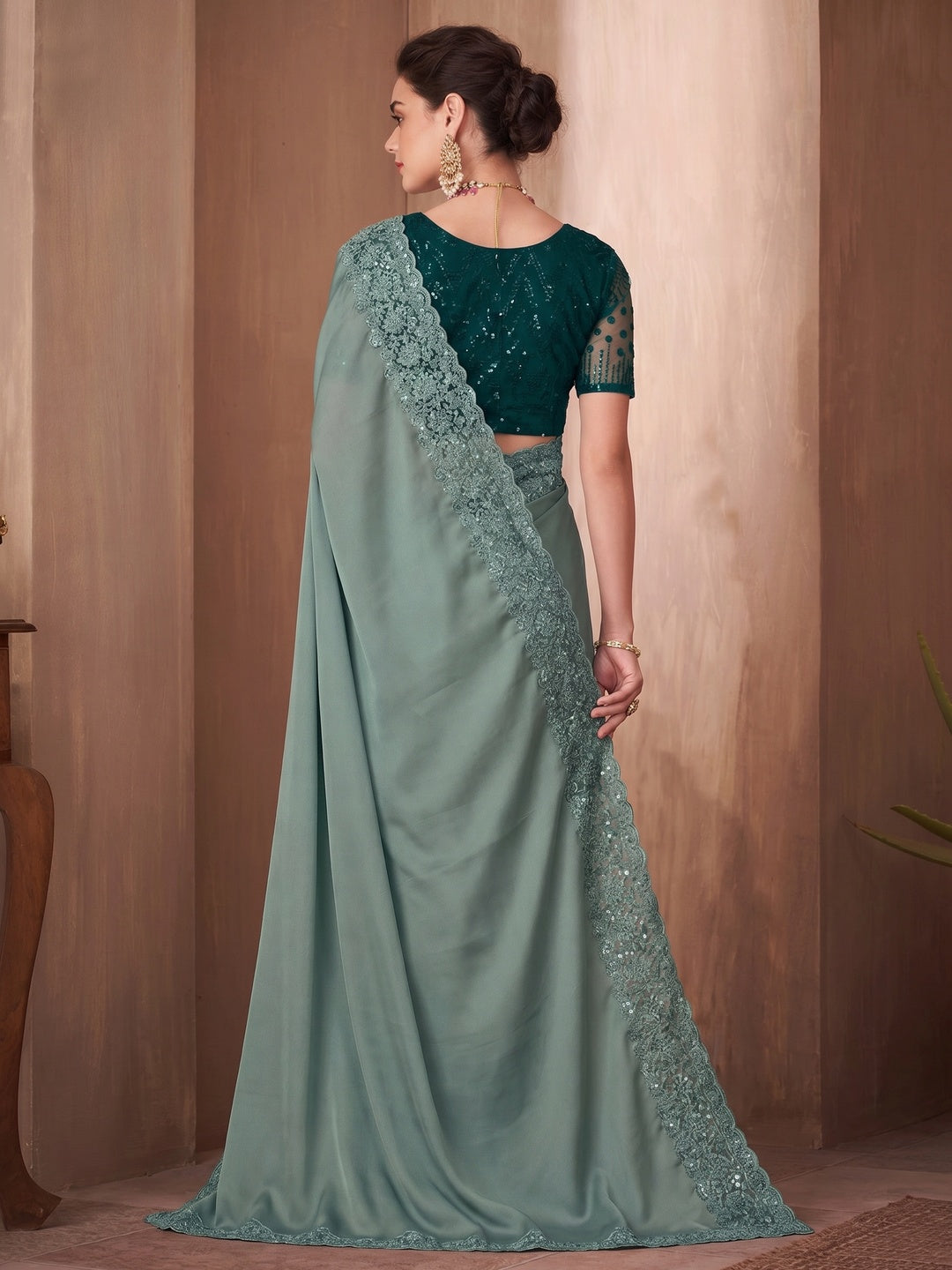 Teal Grey Embroidered Satin Saree - Image 2