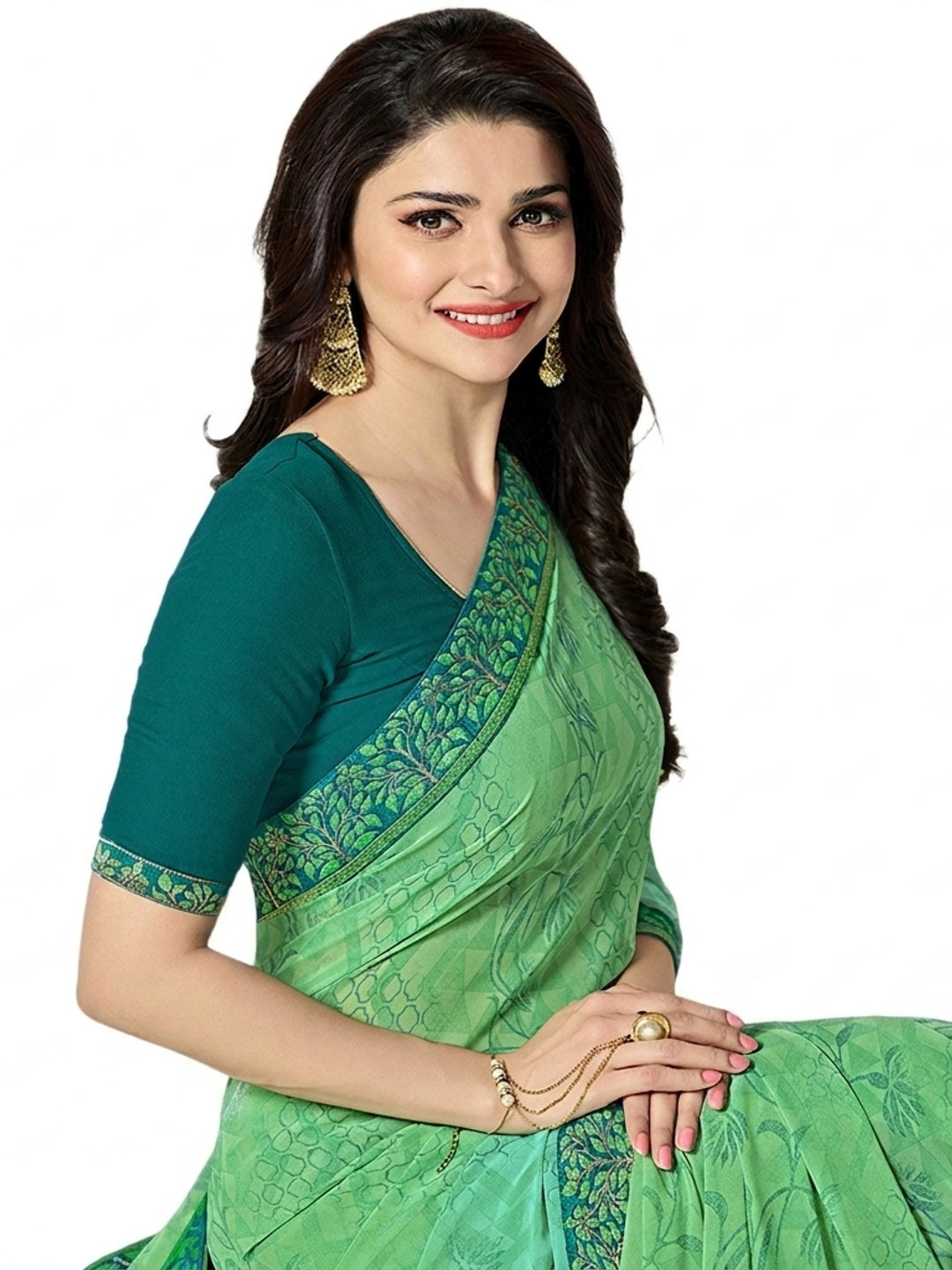 Green Floral Printed Georgette Saree - Image 1
