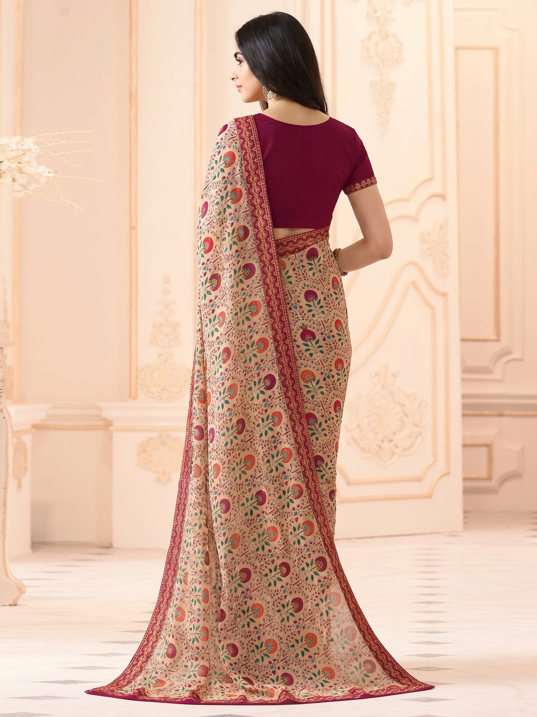 Beige Floral Printed Georgette Saree With Lace Border - Image 1