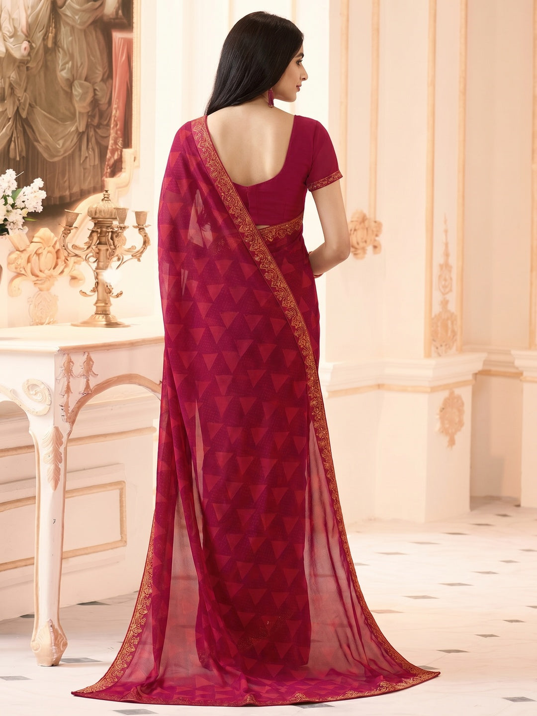 Pink Printed Georgette Saree With Lace Border - Image 1