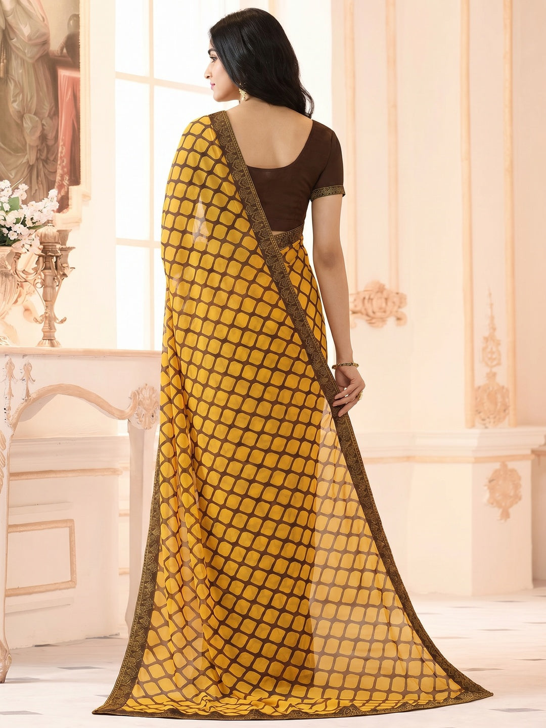 Yellow Printed Georgette Saree With Lace Border - Image 1