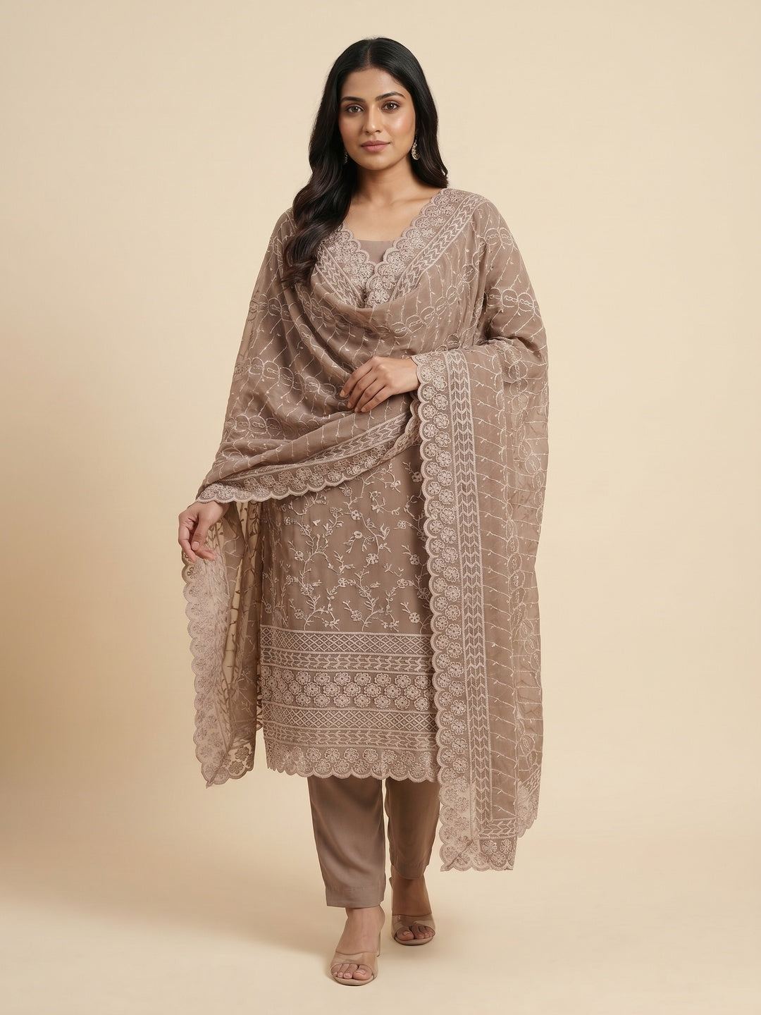 Brown Floral Embroidered Dress Material - Image 1