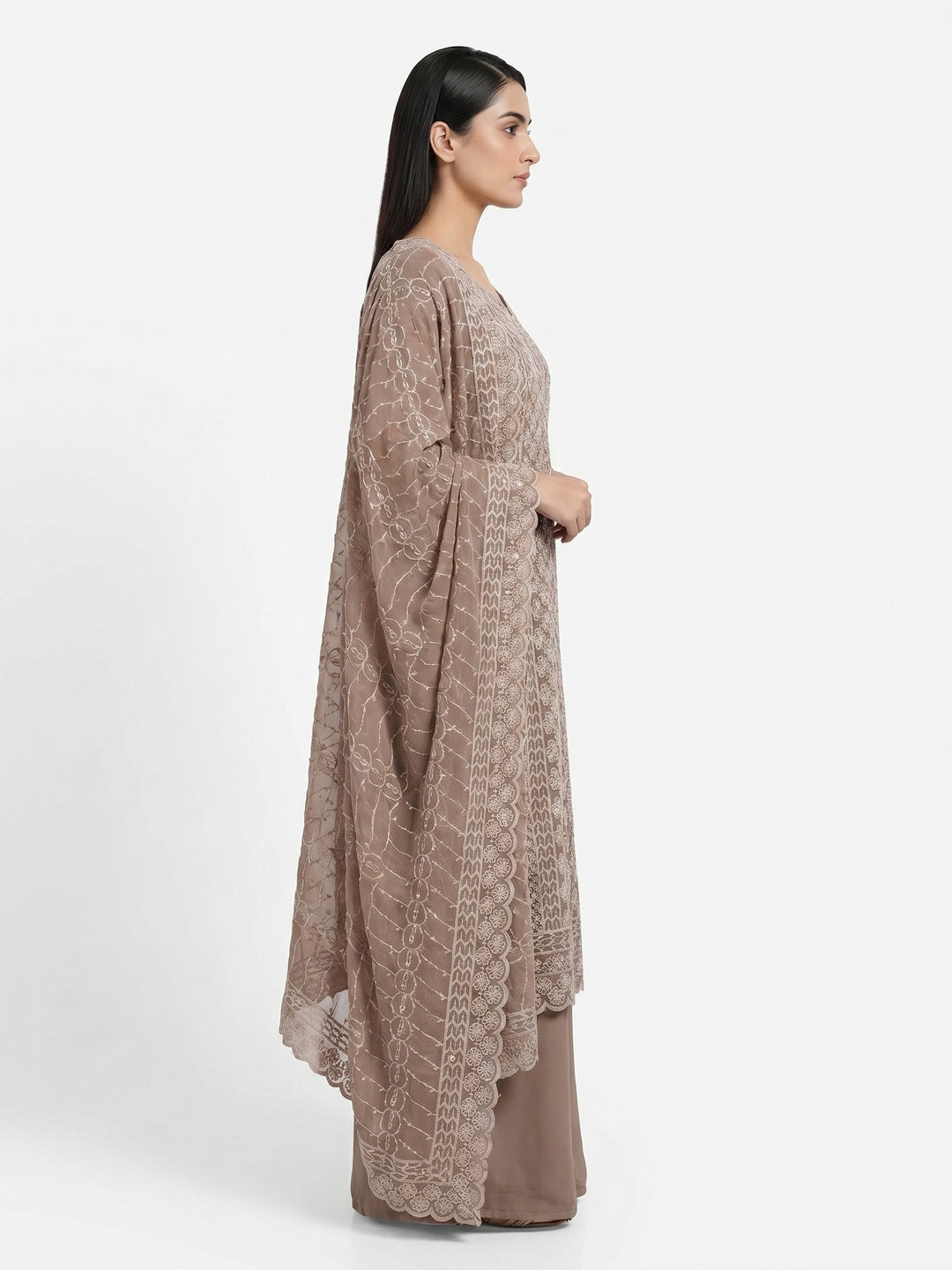 Brown Floral Embroidered Dress Material - Image 3