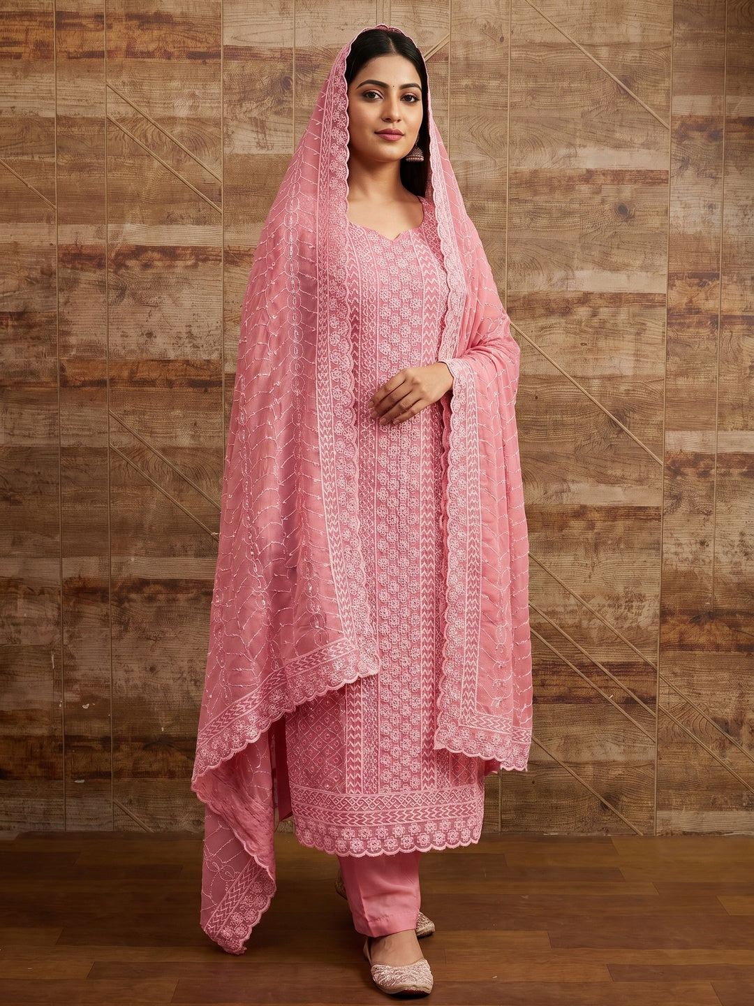 Pink Floral Embroidered Dress Material - Image 1