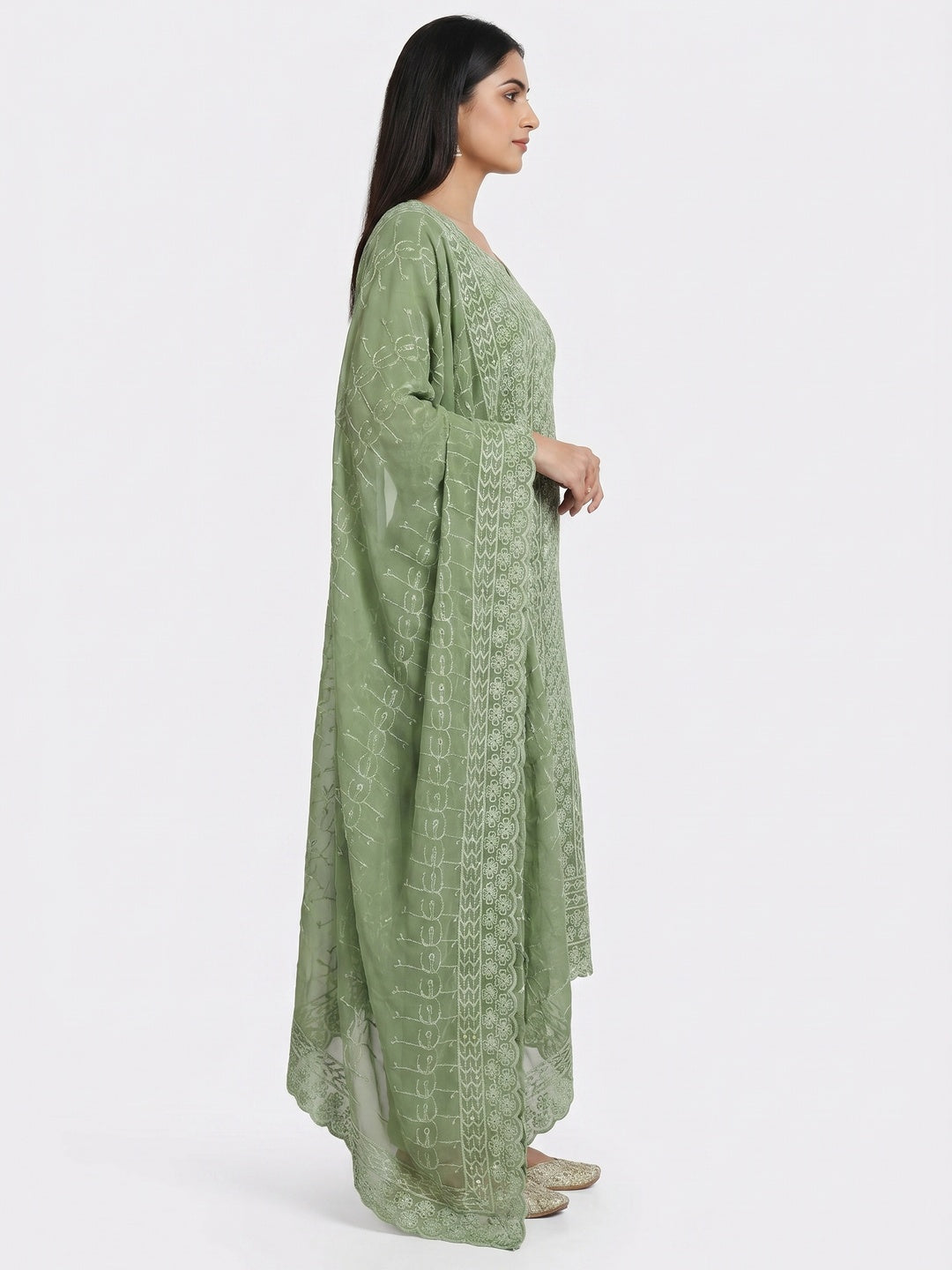Green Floral Embroidered Dress Material - Image 2