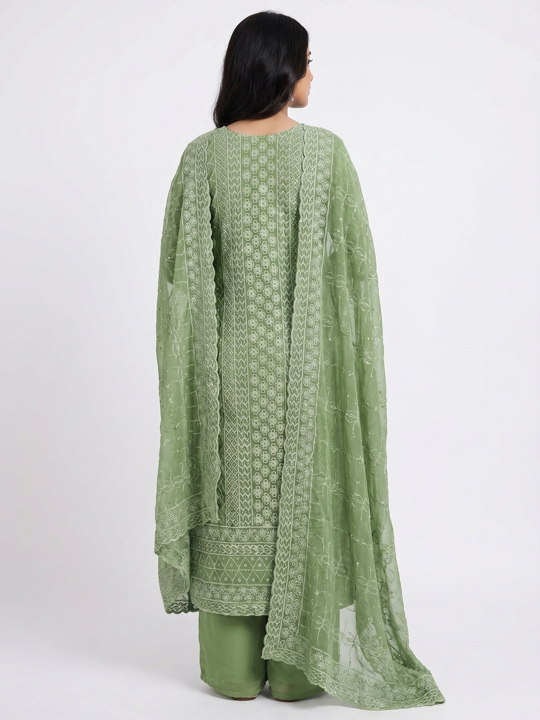 Green Floral Embroidered Dress Material - Image 3