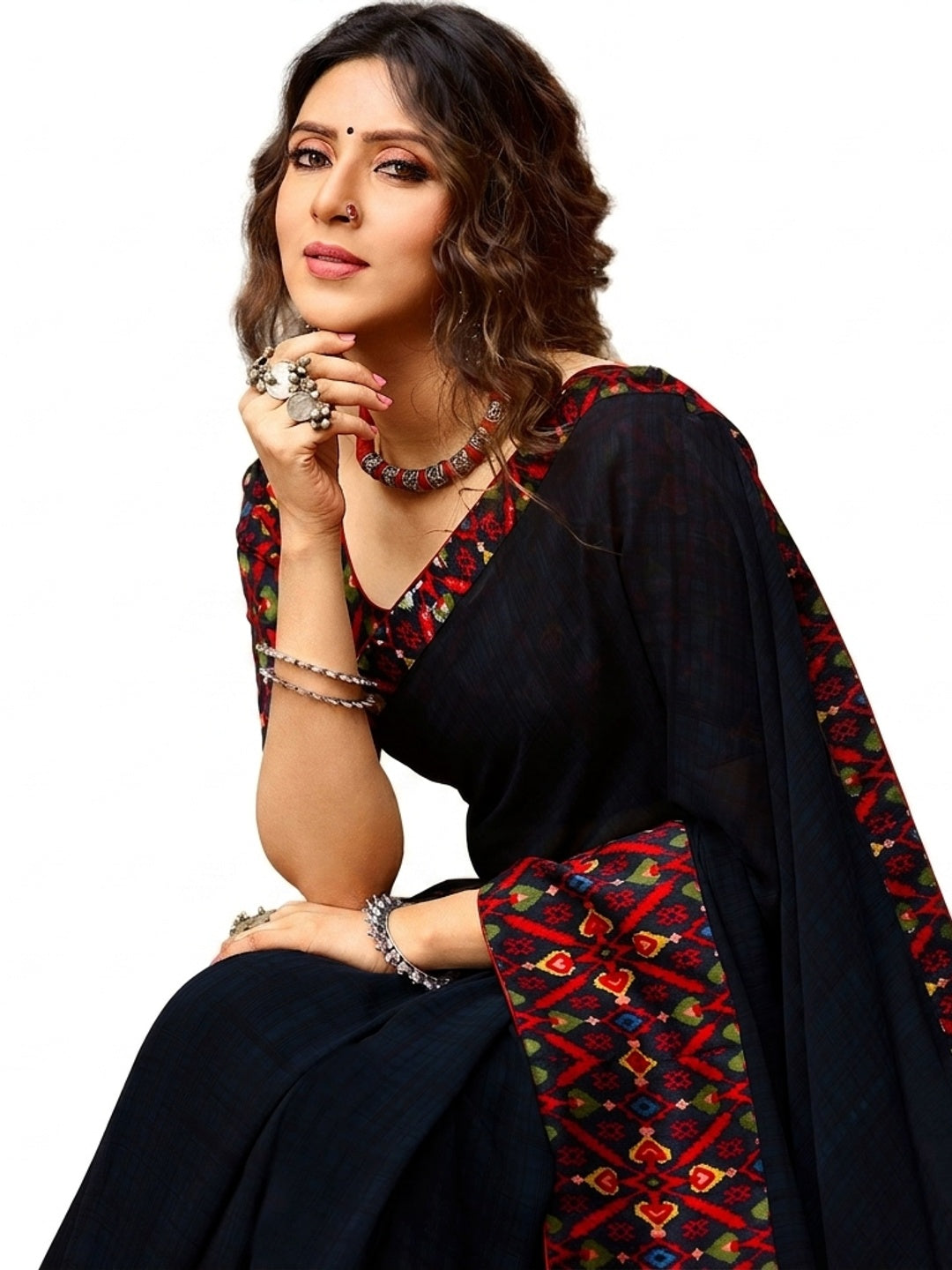Blue Printed Georgette Saree With Lace Border - Image 1