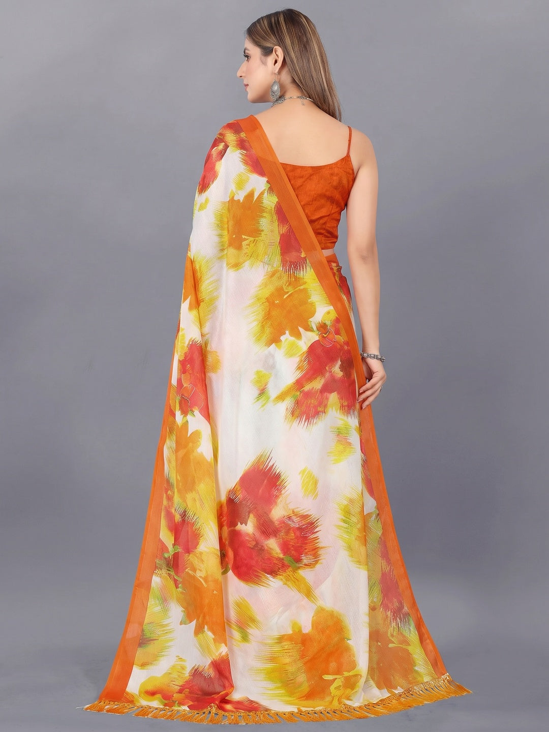 Off White & Orange Foil Printed Chiffon Saree With Tassels - Image 1