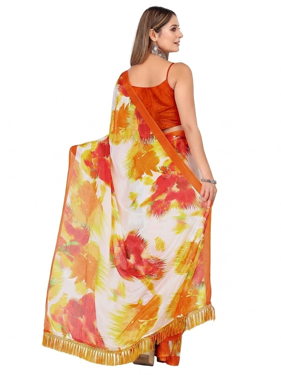 Off White & Orange Foil Printed Chiffon Saree With Tassels - Image 2