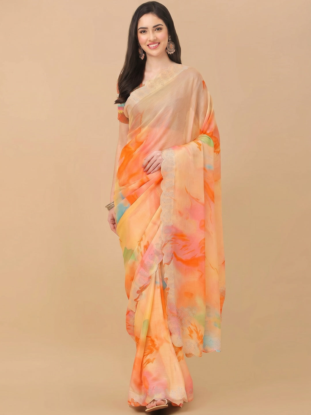 Orange Printed With Swarovski Work Chiffon Saree - Image 1