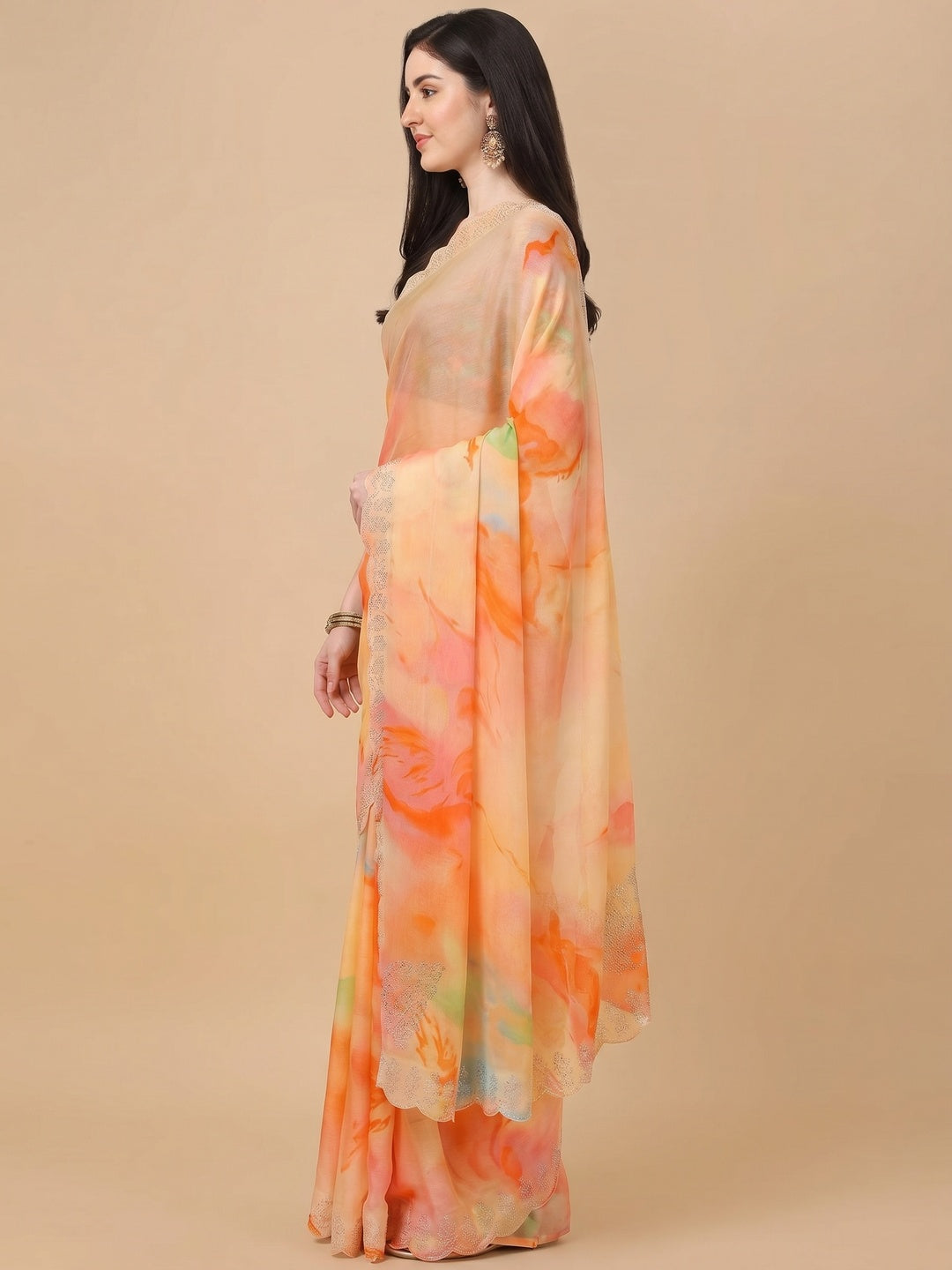 Orange Printed With Swarovski Work Chiffon Saree - Image 3