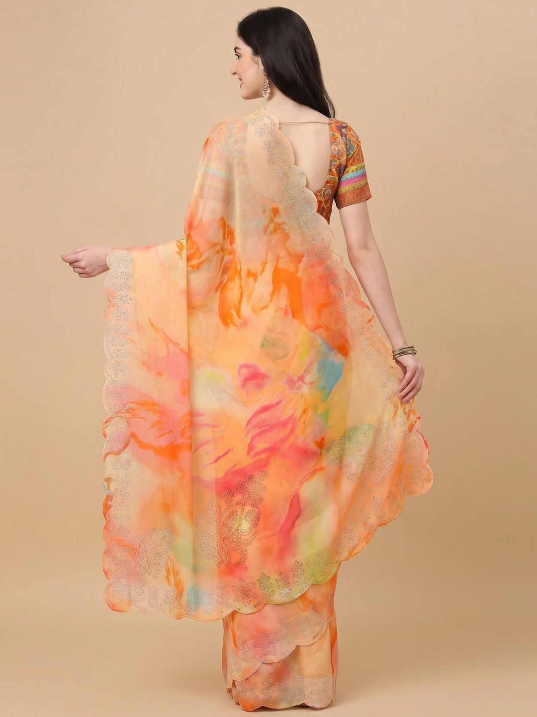 Orange Printed With Swarovski Work Chiffon Saree - Image 2