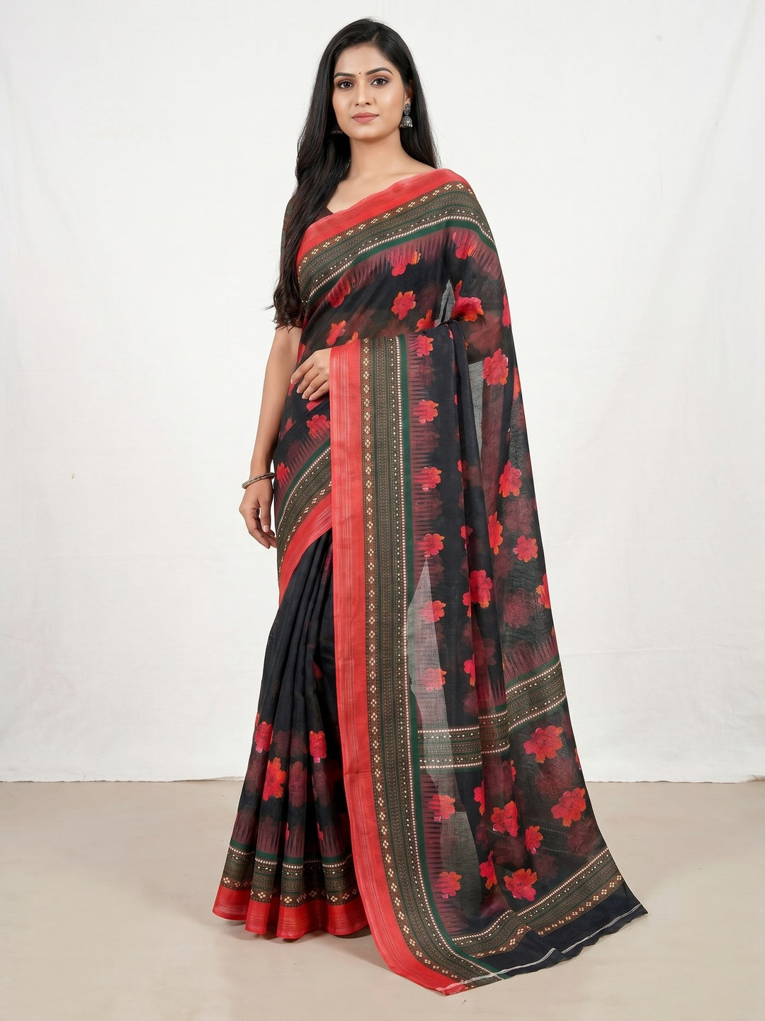 Black Floral Digital Printed Linen Saree - Image 1