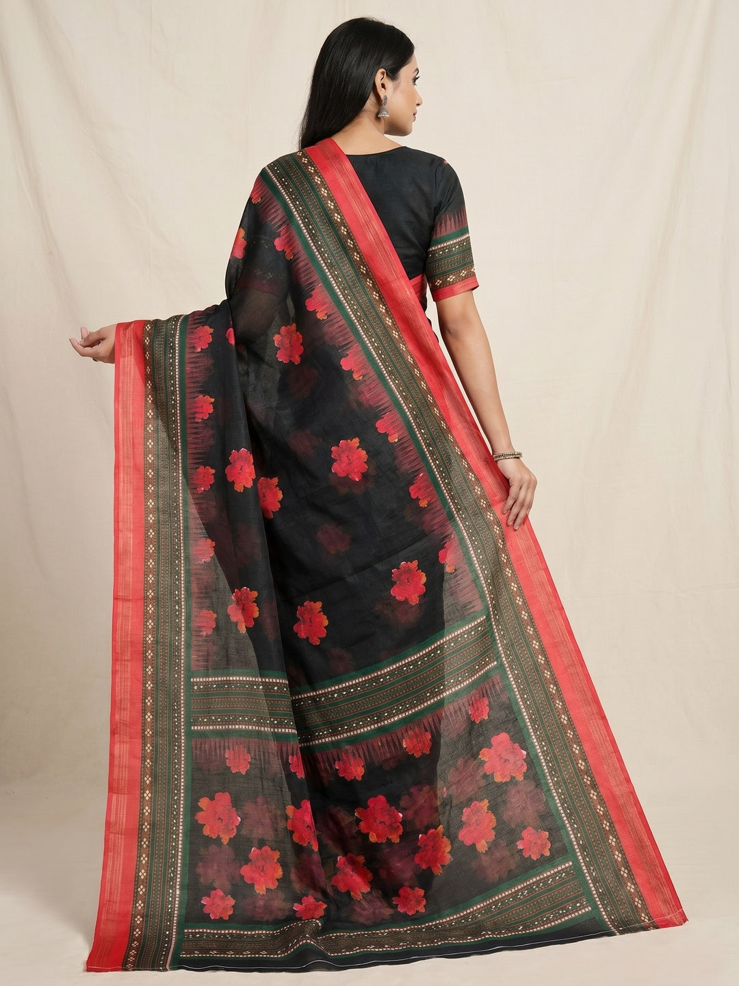 Black Floral Digital Printed Linen Saree - Image 2