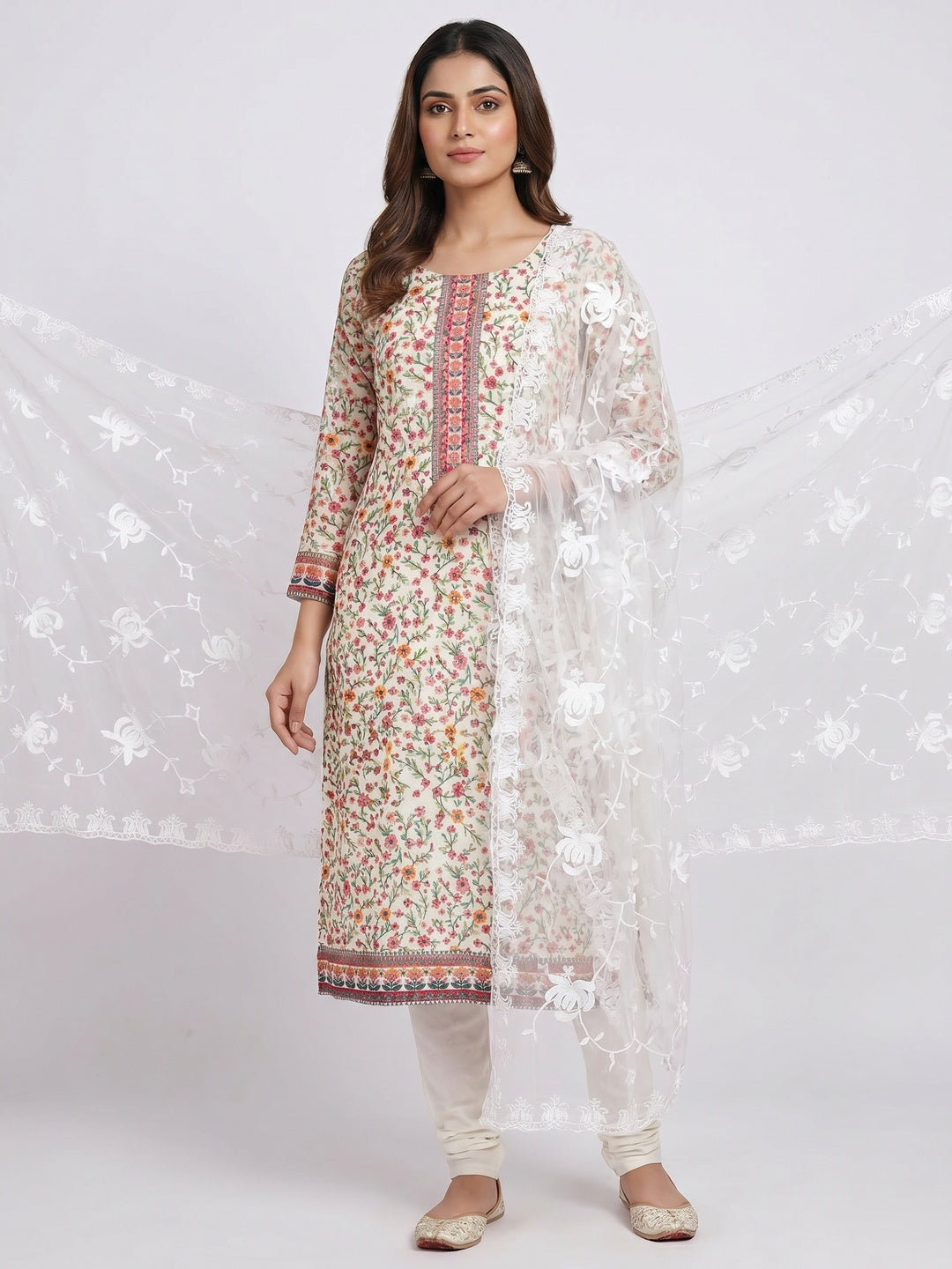 Off White Floral Embroidered Georgette Dress Material - Image 1
