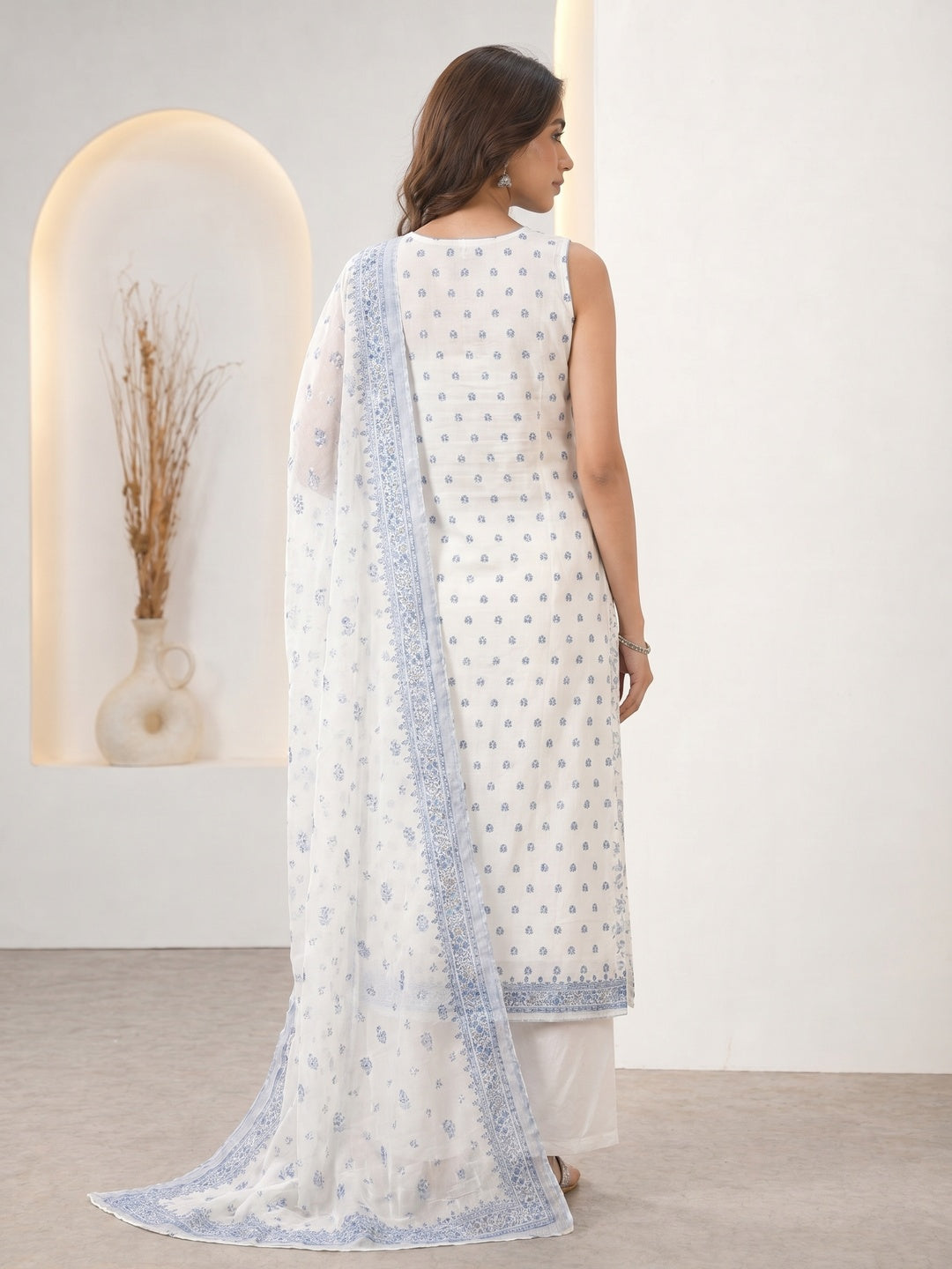 White & Blue Floral Woven Muslin Dress Material - Image 3