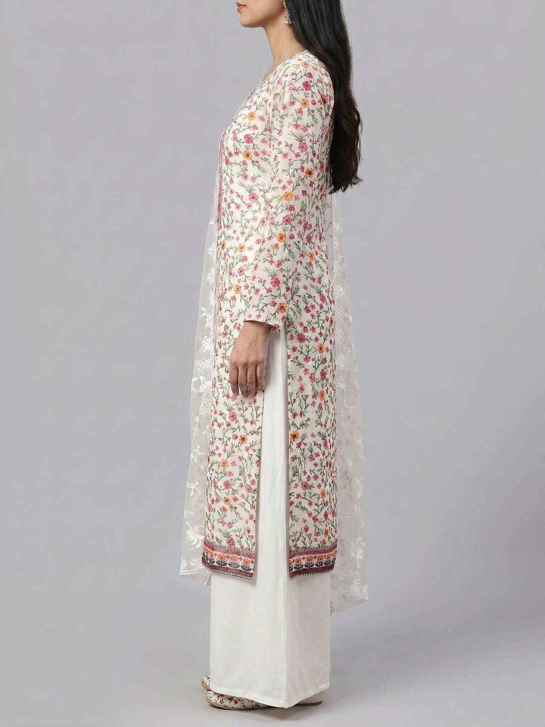 Off White Floral Embroidered Georgette Dress Material - Image 2
