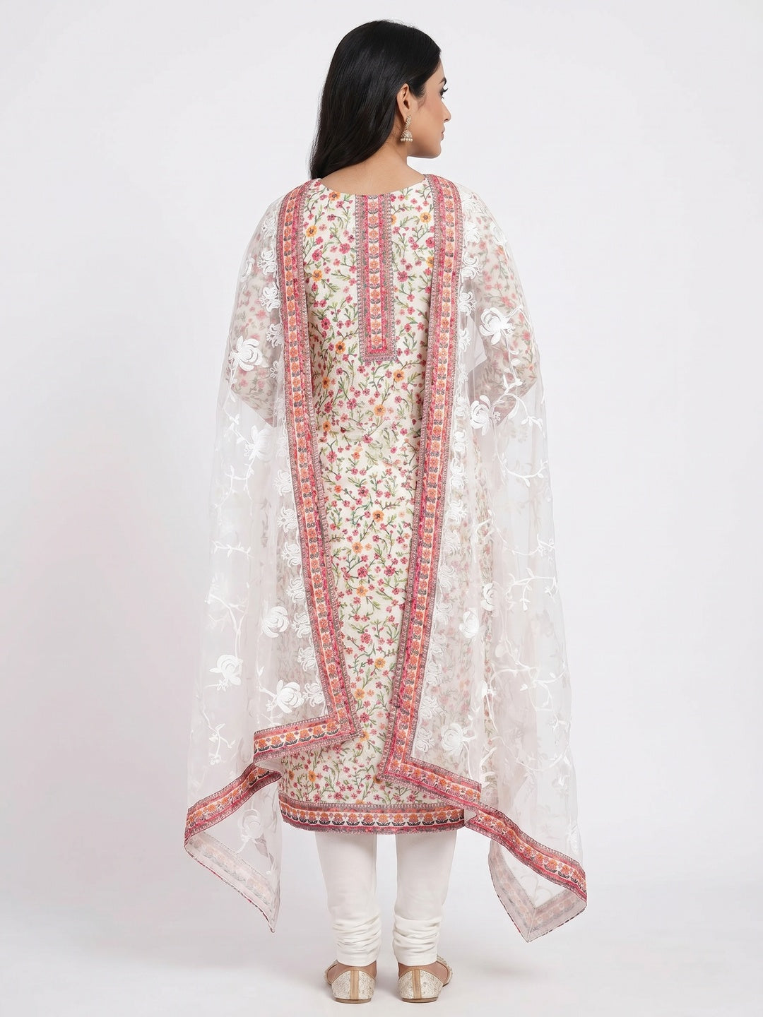 Off White Floral Embroidered Georgette Dress Material - Image 3