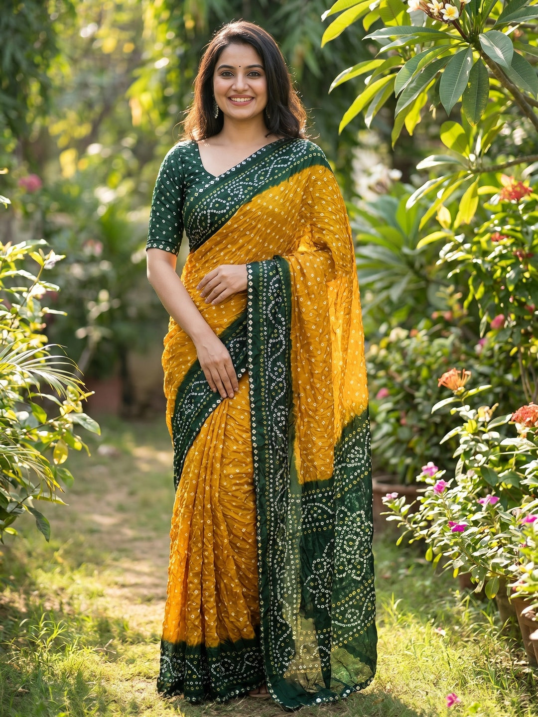 Mustard Moss Chiffon Saree Featuring Classic Bandhani Print for a Timeless Look - Image 2