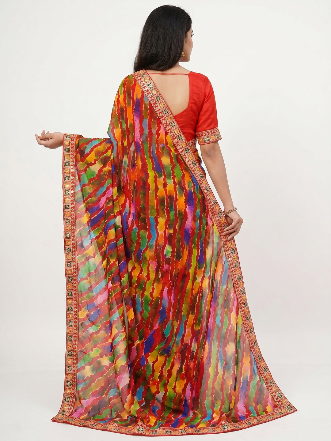 Red Leheriya Printed With Sequins Border Georgette Saree - Image 2