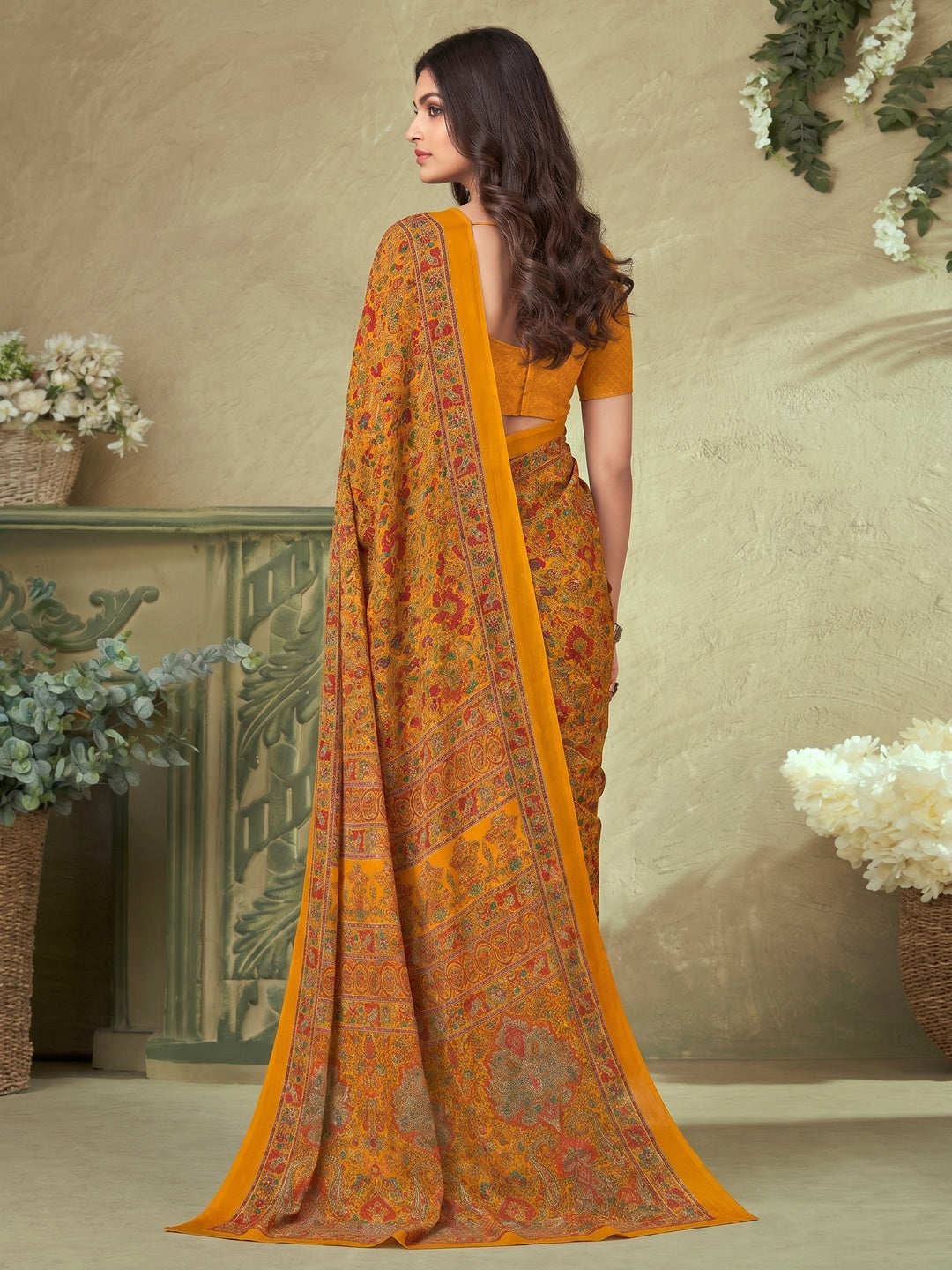 Yellow Floral Printed Crepe Saree - Image 1