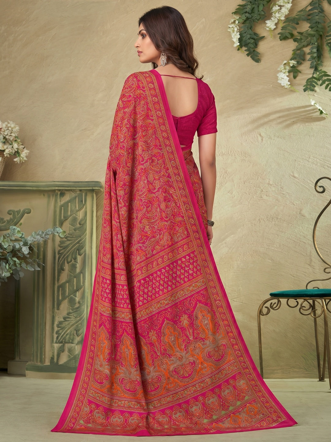 Rani Pink Printed Crepe Saree - Image 1