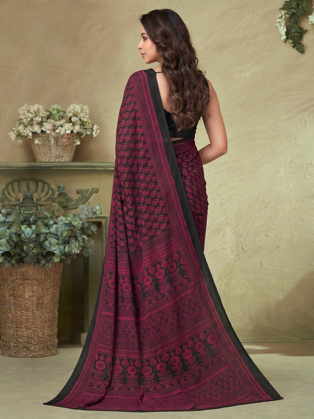 Wine & Black Floral Printed Crepe Saree - Image 1