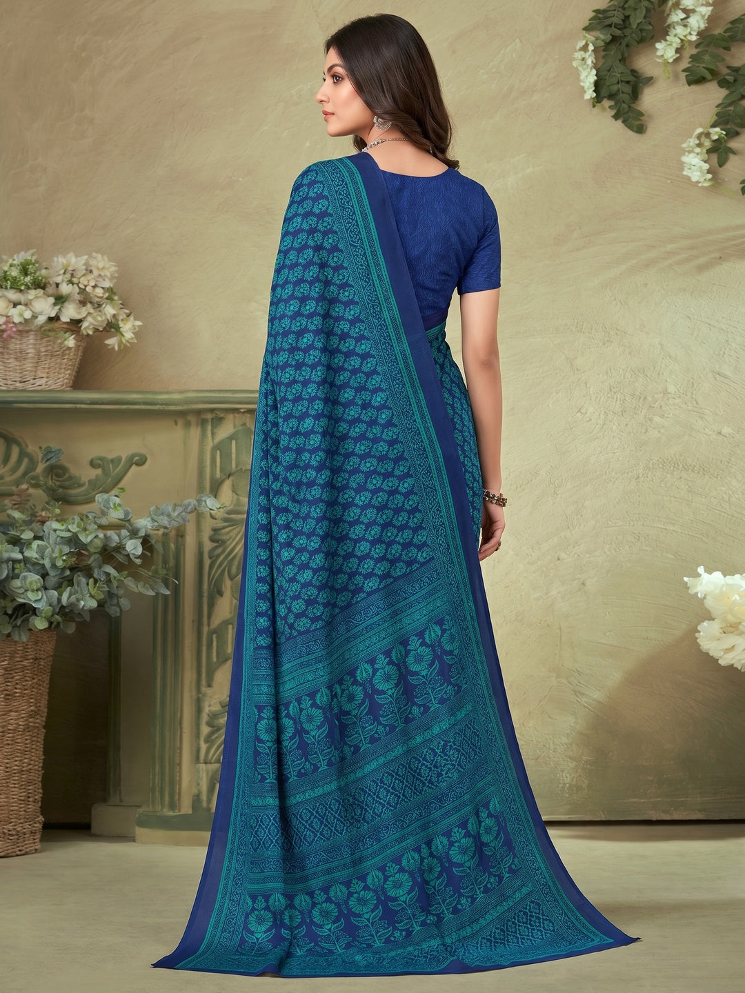 Blue Floral Printed Crepe Saree - Image 1