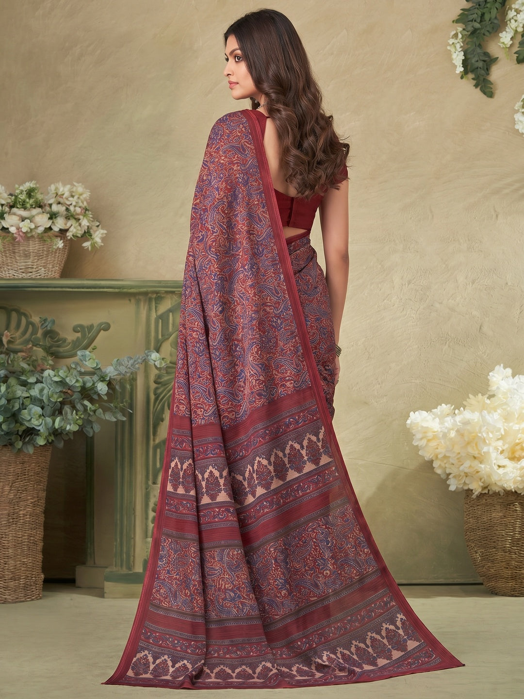 Maroon Printed Crepe Saree - Image 1