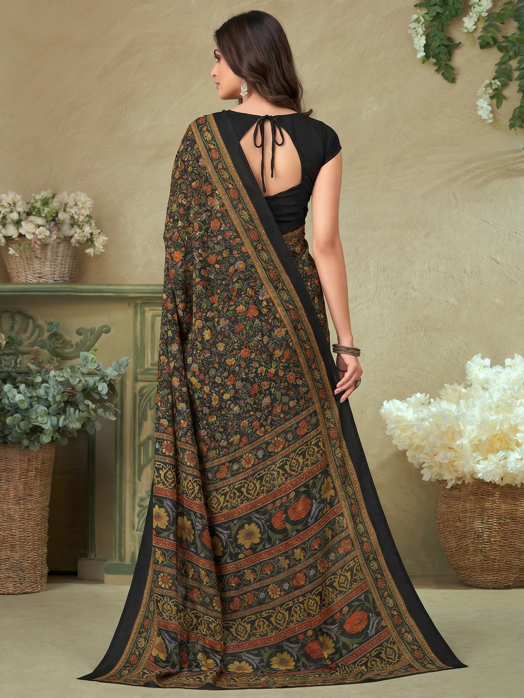 Black Floral Printed Crepe Saree - Image 1