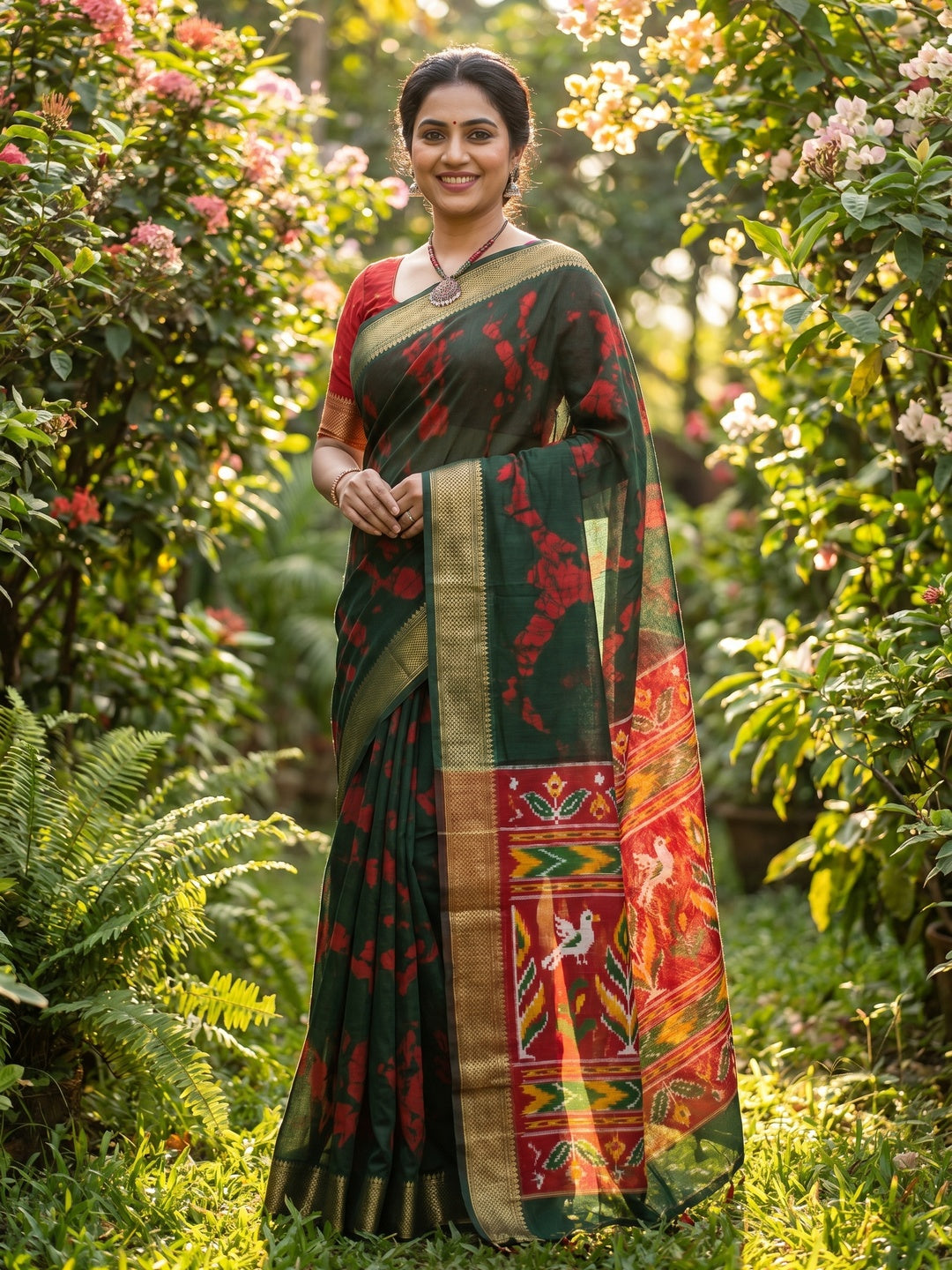 Majestic Green Batik Abstract Printed Cotton Blend Saree With Elegant Zari Weaving Border - Image 1