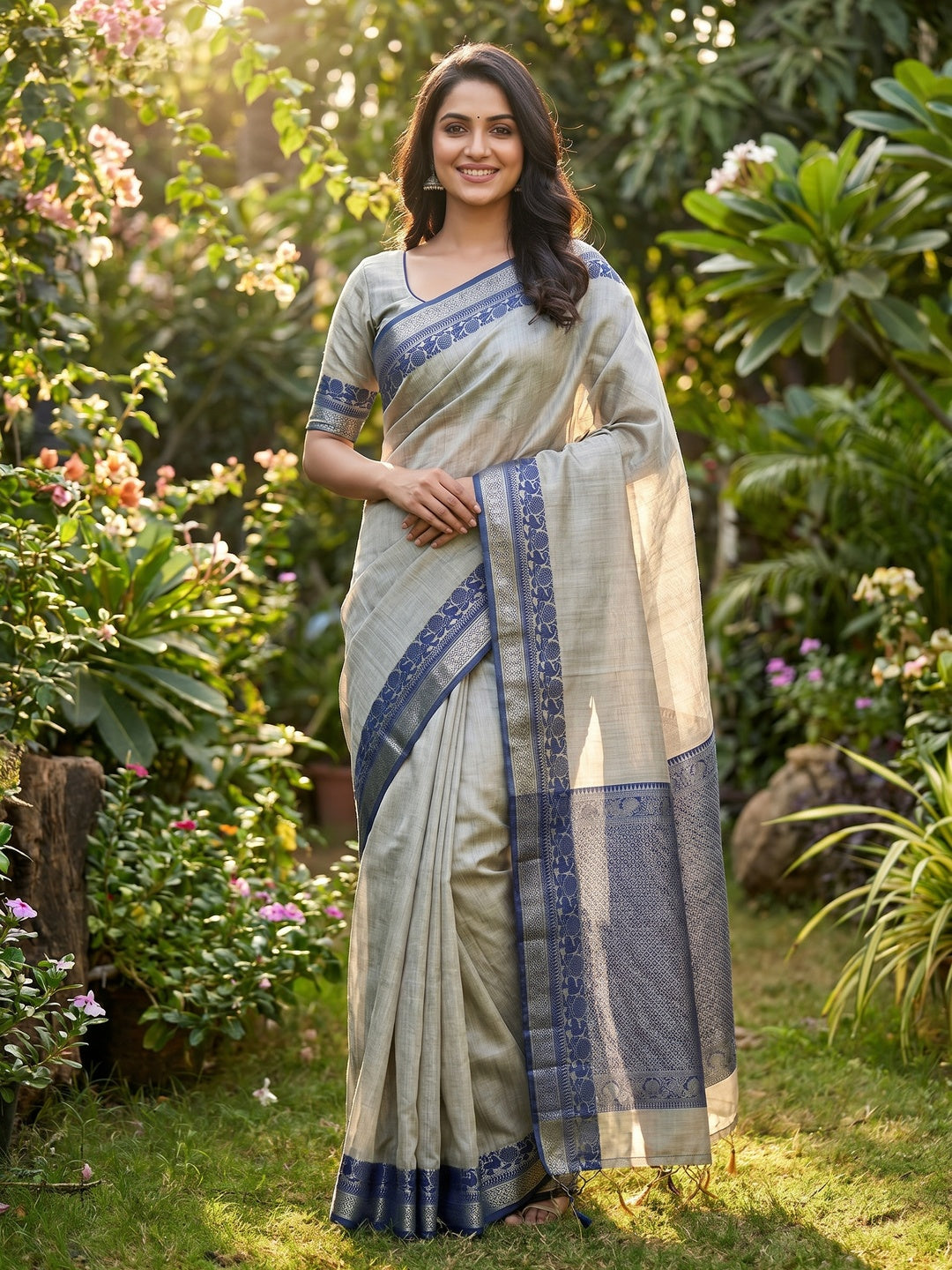 Light Grey Pure Handloom Silk Saree with an Elegantly Woven Jacquard Border
