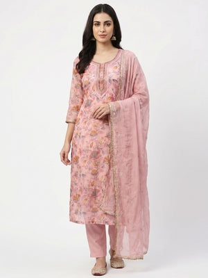 Peach Floral Printed Organza Dress Material - Image 1